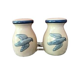 Large Ceramic Vintage 2001 THT Blue Salt And Pepper Shakers Dove w/Olive Branch